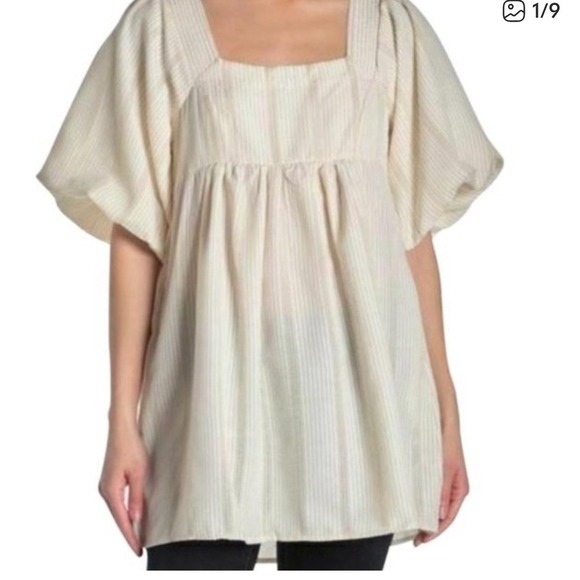 Free People Tops - Free People Gigi Cream Vertical Stripe Puff Sleeve Tunic Top Boho Spring Size L